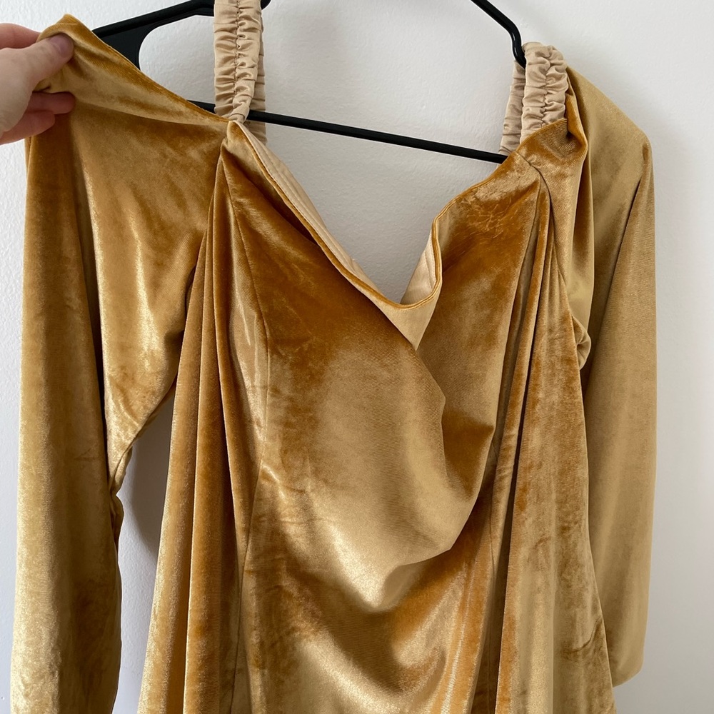 NWT Formal Dress oyisha special occasion maxi velvet mustard dress off shoulder - Picture 11 of 16